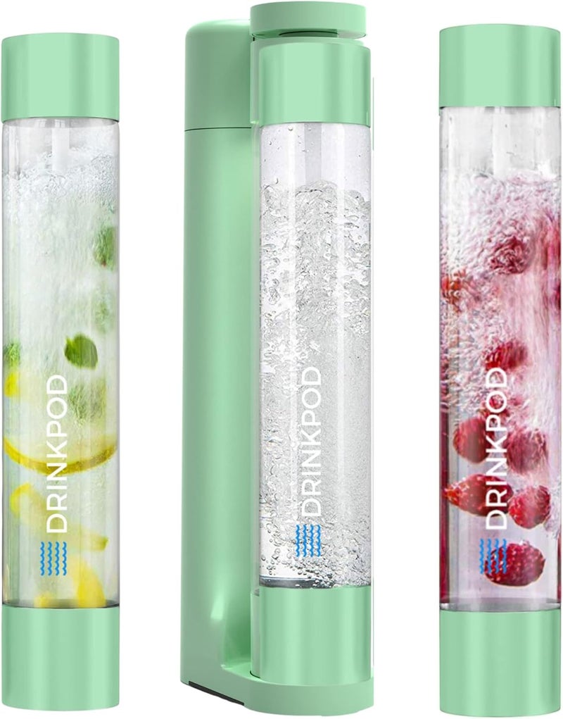 DRINKPOD Fizzpod Soda Maker Home Soda Carbonation,Fizzy Bubbly Drink Machine with 3 PET Bottles, 3 Caps, 1 Carbonator Cap and Manual, Coffee, Tea and Cocktail Drinks with Fruit (Ash Green) - Image 1